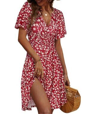 Womens Faux Wrap Dress Ruffle Sleeve V Neck A Line Summer Casual Mini Dress